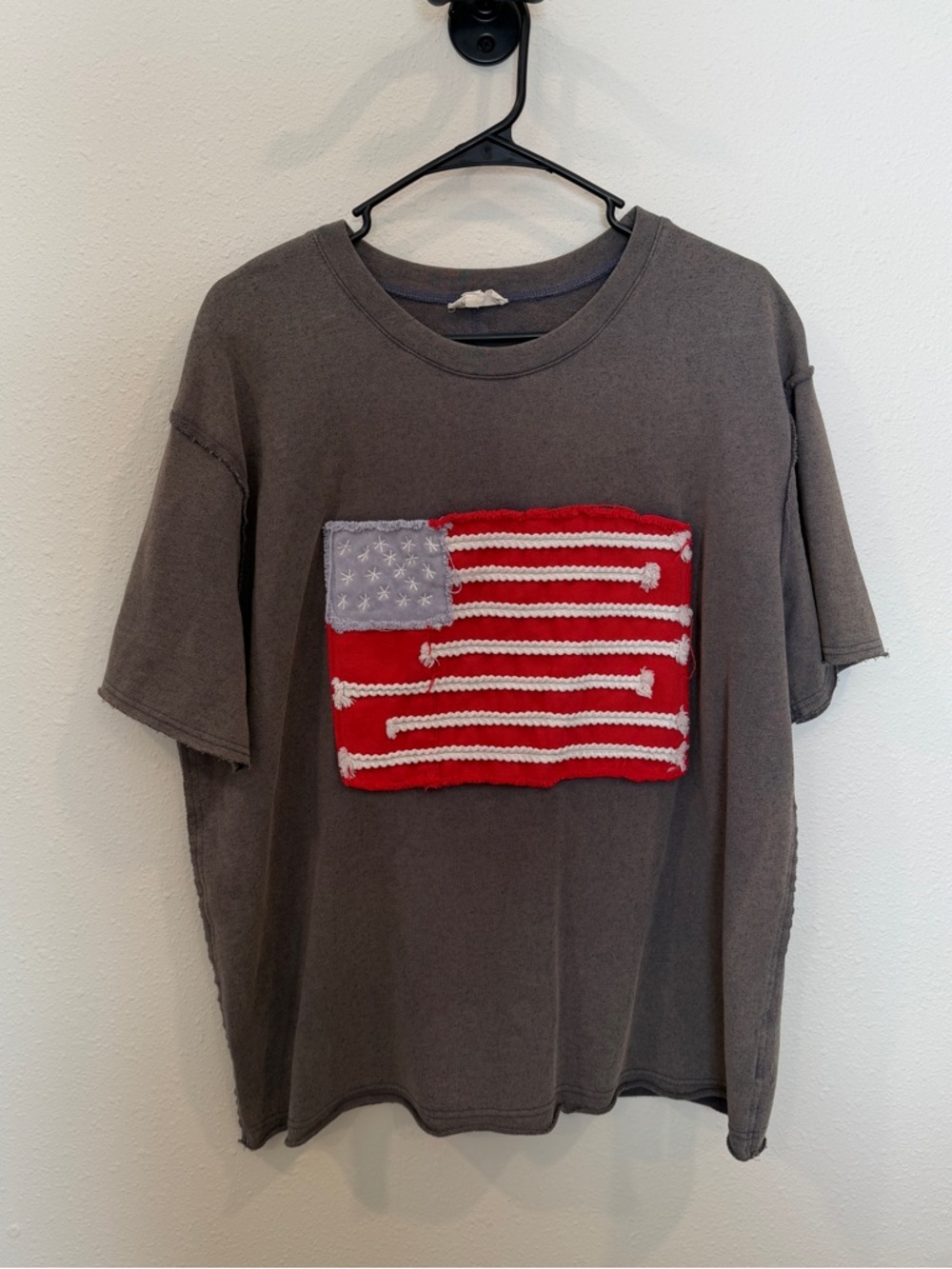 Gray Tee with Distressed American Flag Patch